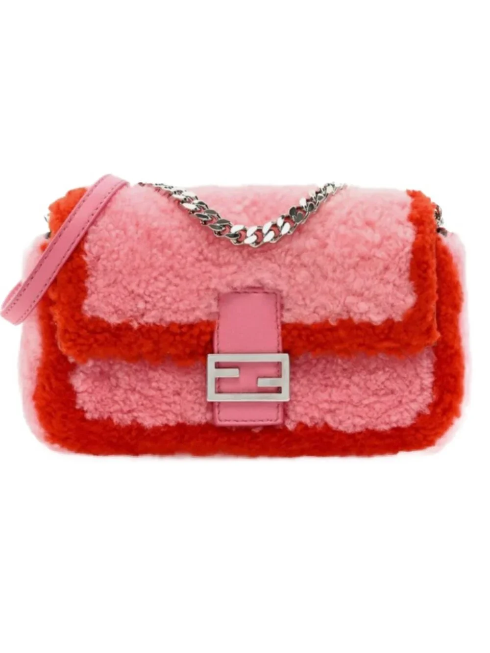 Fendi Authentic Mini Baguette NM Shearling Bag Bubblegum Pink Rosso Chain Strap